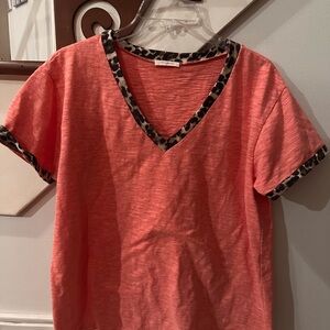 Ami Coral Short Sleeve Top with Animal Print Trim